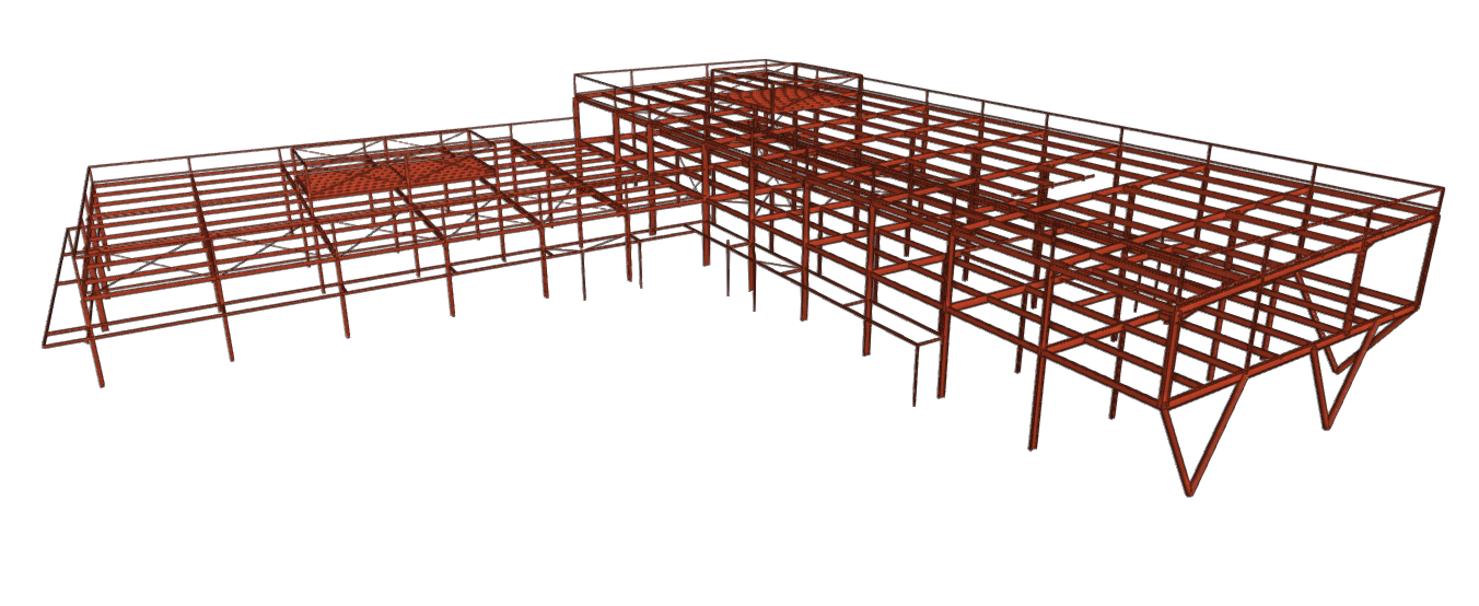 Modèle 3D CYPE — laboratoire pharmaceutique RDC et bureaux R+1, Orléans, structure acier
