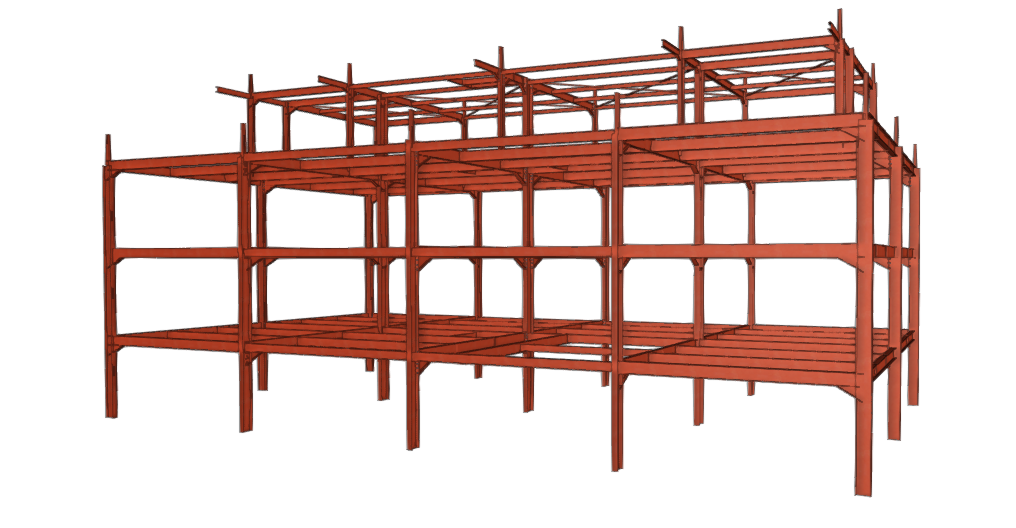 Modèle 3D CYPE — immeuble de bureaux R+3, Montpellier, structure acier sans croix de stabilité apparentes